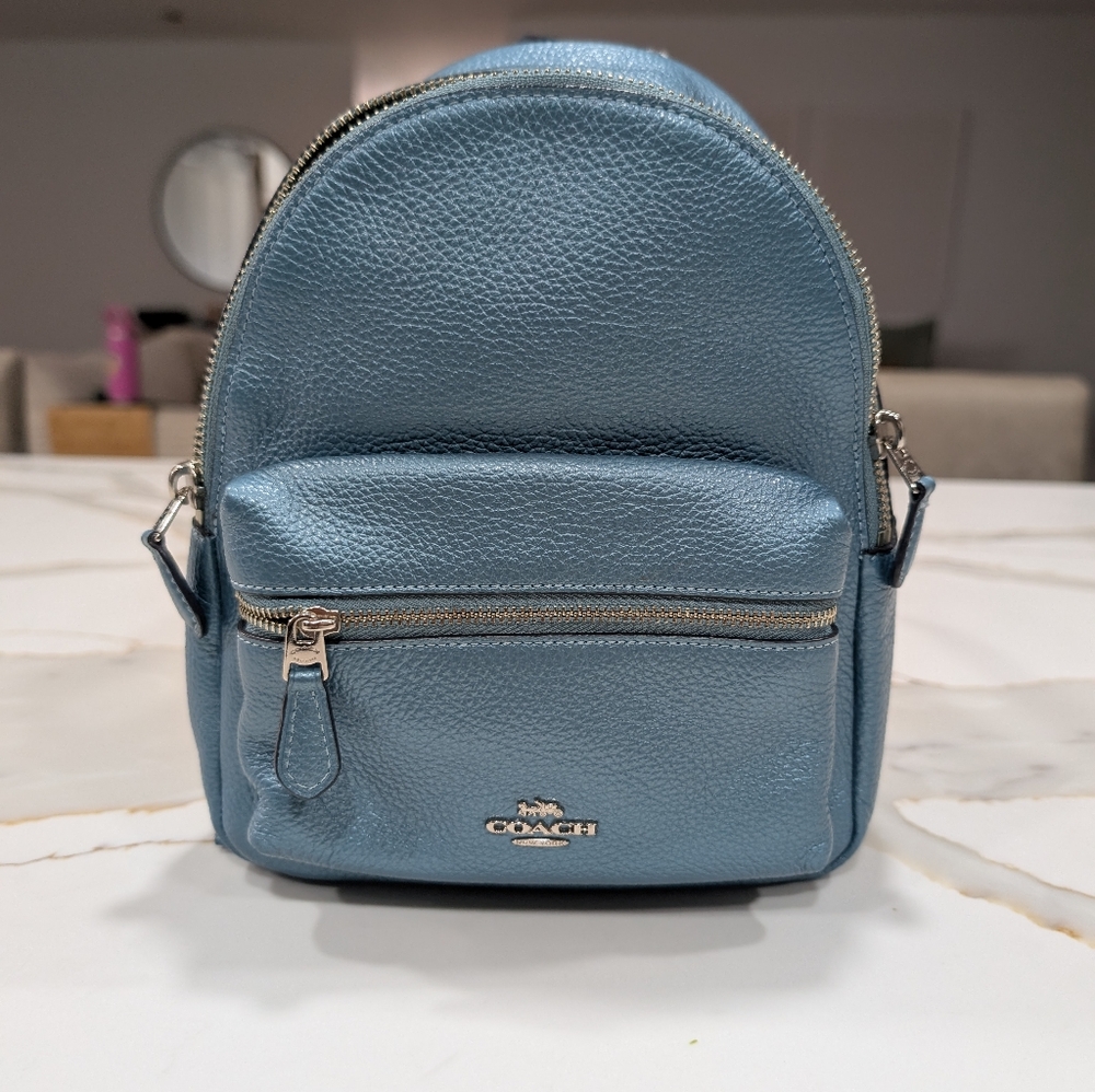 Coach Small Metallic Blue Leather Backpack Shoulder Bag